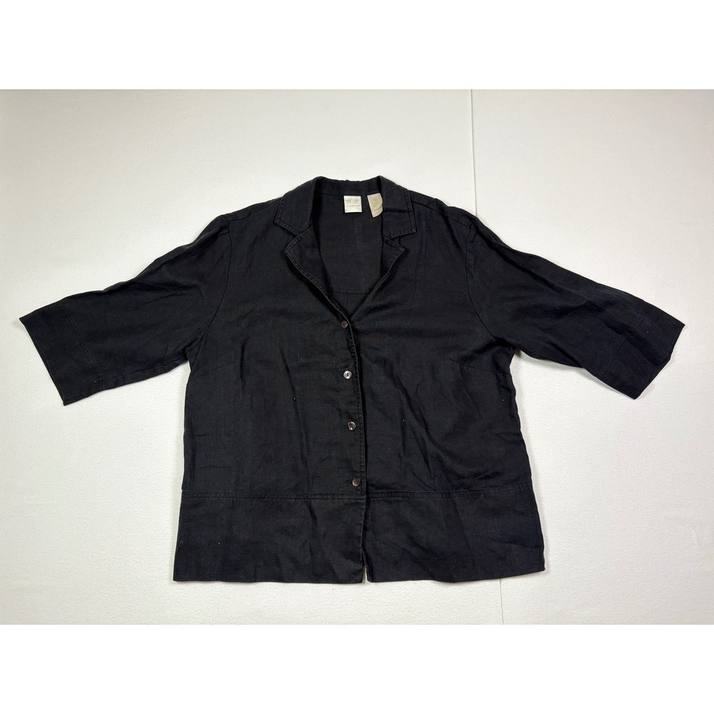 Emma James Liz Claiborne Black 100% Linen Button Front 3/4 Sleeve Top 16W Plus